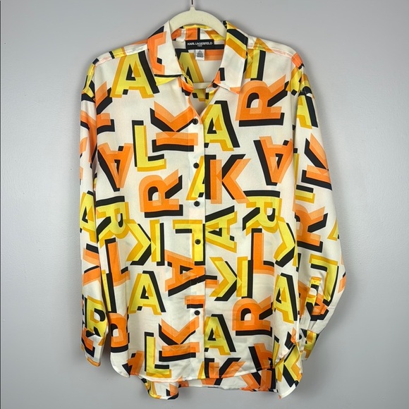 KARL LAGERFELD PARIS Logo Print Oversized Long Sleeve Shirt Size Small - Picture 2 of 15